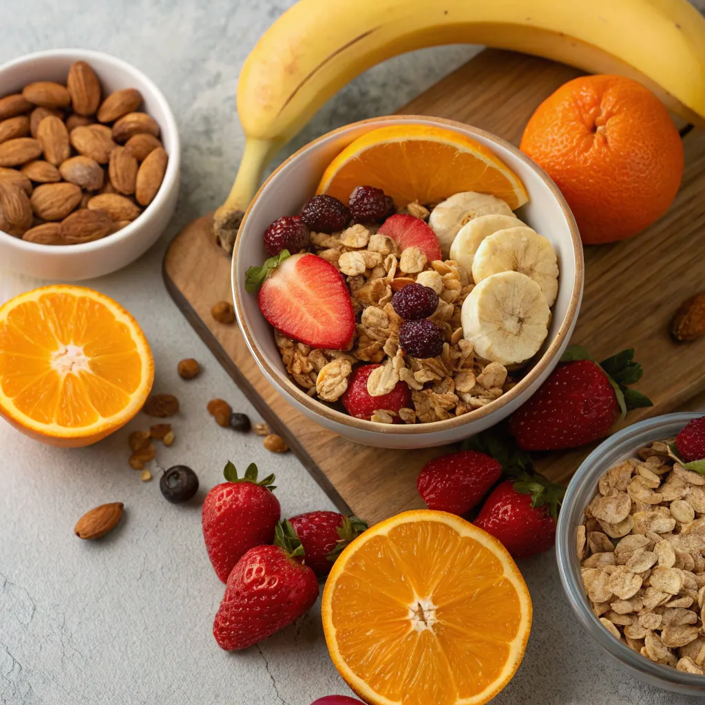Healthy breakfast selection with fruits, cereals, and nuts